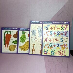 4 Puzzle Patch 25 pc Picture Puzzle 1992 Fruit Veggie Animals Math Pre K Age 3-7